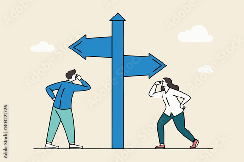 Direction choice, crossroad or decision for career path, choosing path way, challenge or opportunity doubt, determination or tough decision concept, business people thinking on difference career path.