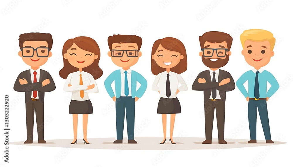 Cartoon team stands smiling, bright background Cartoon team stands smiling, bright background