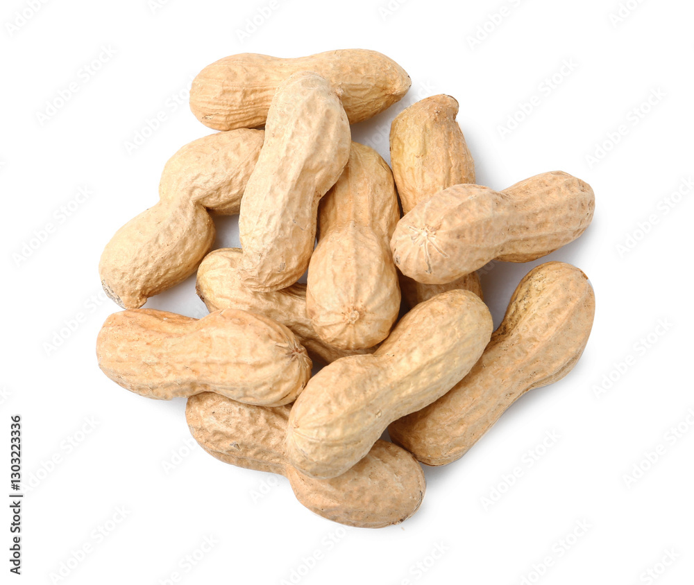 Pile of unpeeled peanuts isolated on white, top view Pile of unpeeled peanuts isolated on white, top view