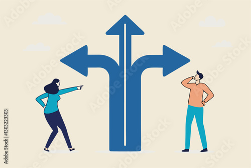 Direction choice, crossroad or decision for career path, choosing path way, challenge or opportunity doubt, determination or tough decision concept, business people thinking on difference career path.