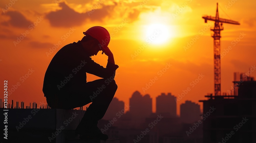 Fototapeta premium Worker contemplates at sunset construction site.