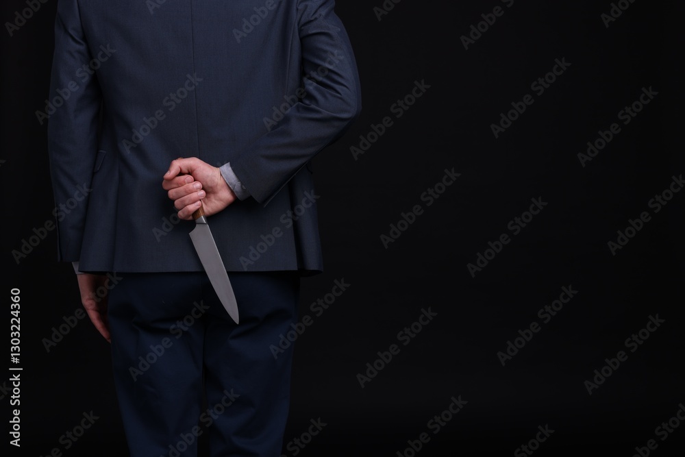 Businessman holding knife behind his back on black background, closeup. Space for text Businessman holding knife behind his back on black background, closeup. Space for text