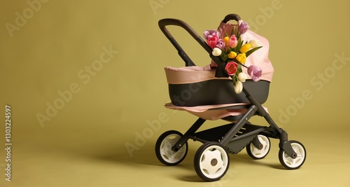 Stylish doll stroller and tulips on olive background, space for text. Kid's toy
