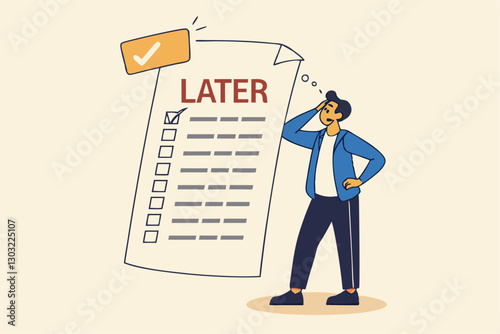 Procrastination, do it later, laziness to postpone every work tasks to later check list concept, frustrated businessman office worker look at long list of later todo list paper note pinned on the wall