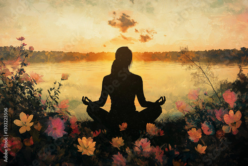 Woman Meditating in Serene Environment, Silhouette Blending into Vibrant Floral Patterns with Tranquil Sunrise Over Lake Background