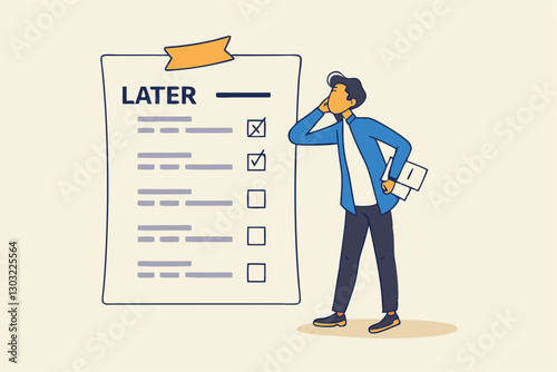Procrastination, do it later, laziness to postpone every work tasks to later check list concept, frustrated businessman office worker look at long list of later todo list paper note pinned on the wall