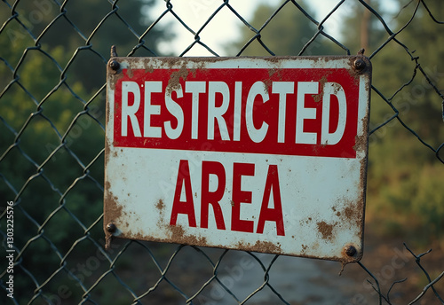 no trespassing sign on a fence, restricted area warning, keep out, old, rusty caution sign