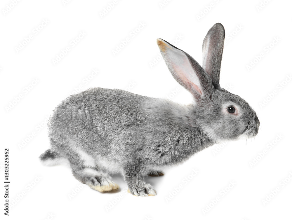 Fluffy grey rabbit on white background. Cute pet Fluffy grey rabbit on white background. Cute pet