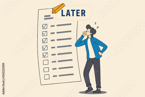 Procrastination, do it later, laziness to postpone every work tasks to later check list concept, frustrated businessman office worker look at long list of later todo list paper note pinned on the wall