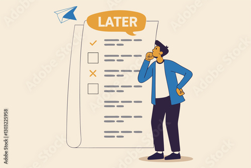 Procrastination, do it later, laziness to postpone every work tasks to later check list concept, frustrated businessman office worker look at long list of later todo list paper note pinned on the wall