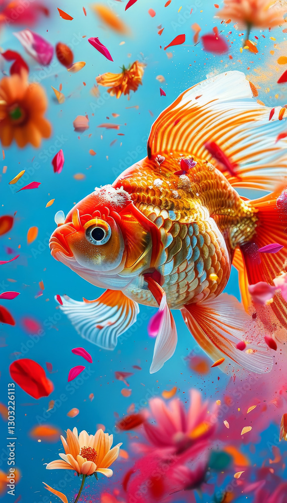 Fototapeta premium Holi Festival of Colours Animal Concept, Spring Holi bloom, Goldfish nestled amidst colourful flower petals and splashes of vibrant powder blue skies and drifting festive colours, Indian Hinduism