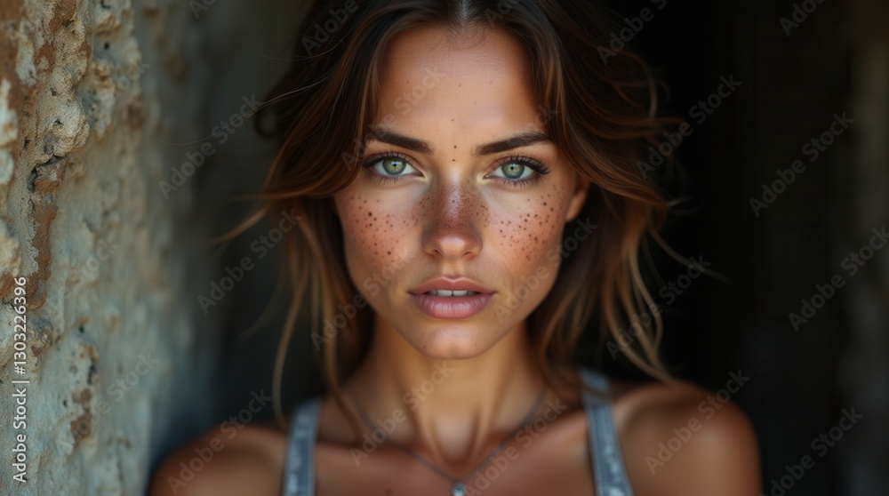 Intense Young Woman Portrait with Freckles and Green Eyes in Natural Light Intense Young Woman Portrait with Freckles and Green Eyes in Natural Light