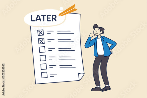 Procrastination, do it later, laziness to postpone every work tasks to later check list concept, frustrated businessman office worker look at long list of later todo list paper note pinned on the wall