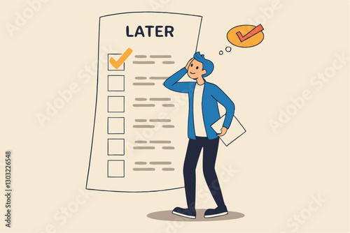 Procrastination, do it later, laziness to postpone every work tasks to later check list concept, frustrated businessman office worker look at long list of later todo list paper note pinned on the wall