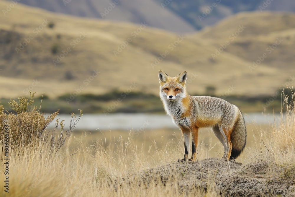 Fototapeta premium Patagonian Grey Fox: A Vigilant Mammal of Argentina's Wilderness