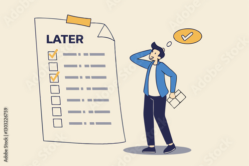 Procrastination, do it later, laziness to postpone every work tasks to later check list concept, frustrated businessman office worker look at long list of later todo list paper note pinned on the wall