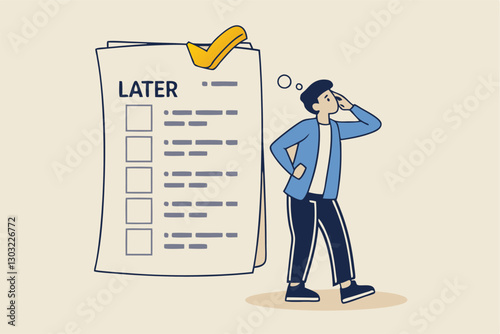 Procrastination, do it later, laziness to postpone every work tasks to later check list concept, frustrated businessman office worker look at long list of later todo list paper note pinned on the wall