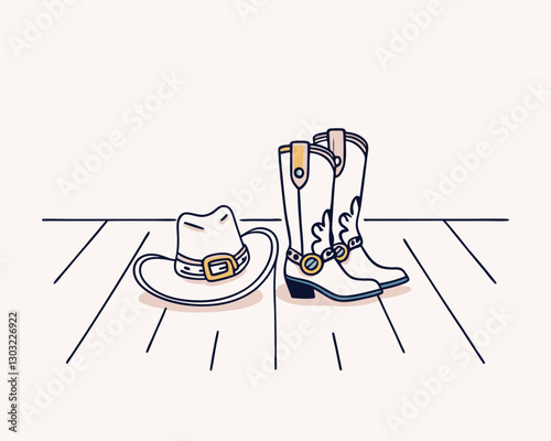 A pair of cowboy boots next to a hat on a wooden floor