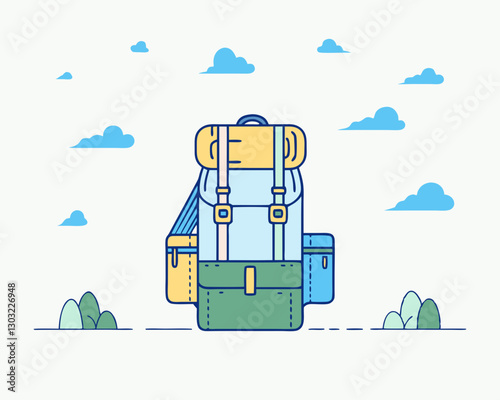 A large outdoor backpack with sleeping bags attached