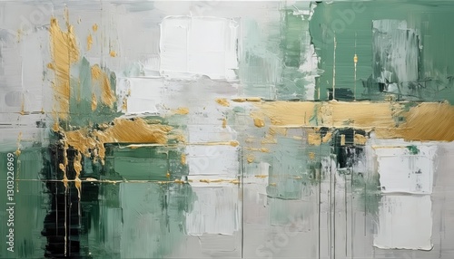 modern abstract oil painting with textured gold accents on green and white background, luxury wall art for elegant interiors

