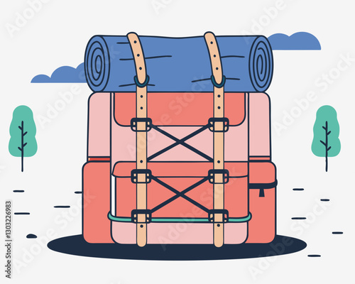 A large outdoor backpack with sleeping bags attached
