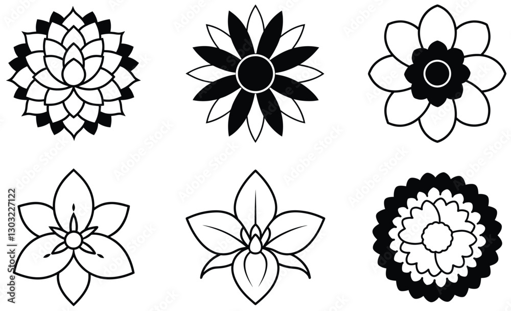 Collection of Six Different Line Art Flower Drawings Black and White Floral Designs Collection of Six Different Line Art Flower Drawings Black and White Floral Designs