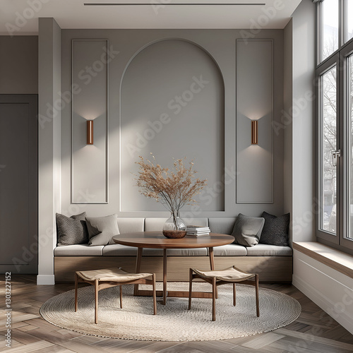 Aesthetic elegant minimalist modern interior design. Clear mock up empty wall for decoration in the apartment. Copy space in the room