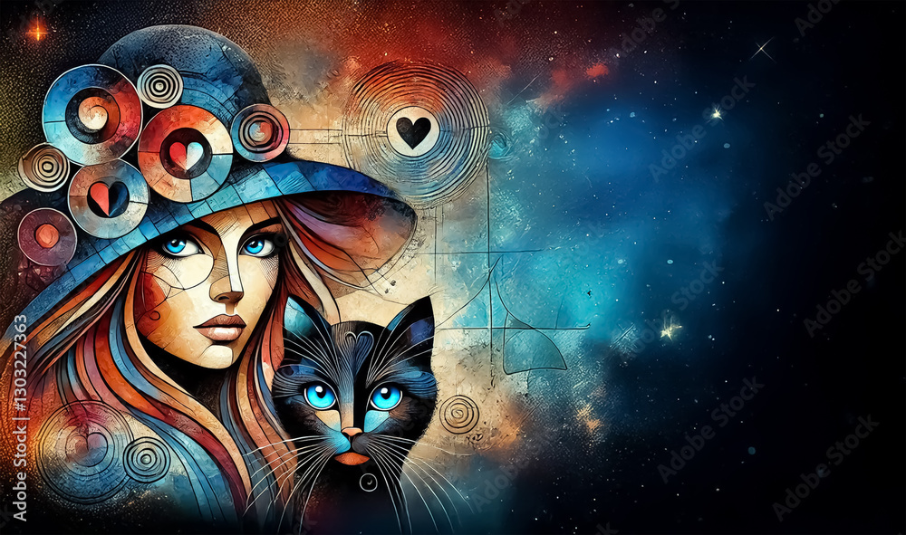 Fototapeta A woman with striking blue eyes, long, wavy red and brown hair, wearing a wide-brimmed artistic hat, poses with her black cat