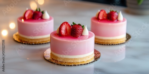 Strawberry Cakes: Indulge in the delightful charm of three petite cakes, each topped with fresh, vibrant strawberries and a glossy glaze, presenting a tempting treat for any occasion. 