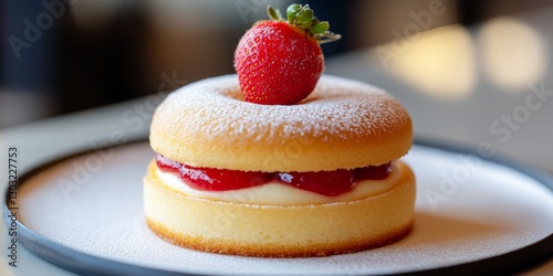 Strawberry Donut: A tempting strawberry donut with cream filling on a plate