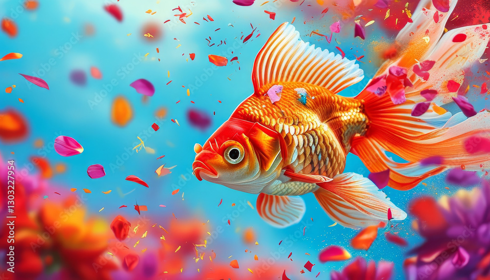 Fototapeta premium Holi Festival of Colours Animal Concept, Spring Holi bloom, Goldfish nestled amidst colourful flower petals and splashes of vibrant powder blue skies and drifting festive colours, Indian Hinduism