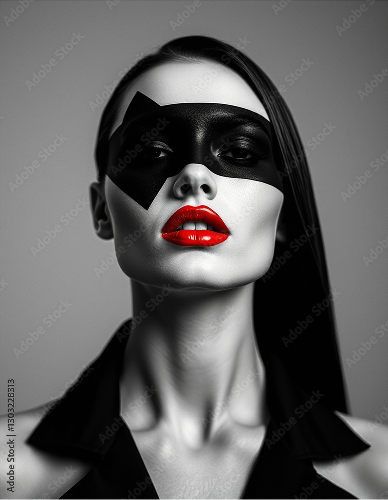 A striking high-fashion editorial portrait featuring a model in a black and white composition with bold red makeup. The dramatic lighting and avant-garde aesthetic create a powerful artistic statement A striking high-fashion editorial portrait featuring a model in a black and white composition with bold red makeup. The dramatic lighting and avant-garde aesthetic create a powerful artistic statement