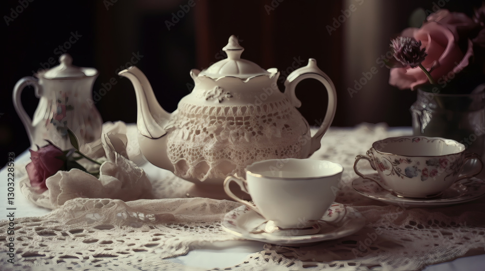 Fototapeta premium vintage-tea-set-lace-tablecloth