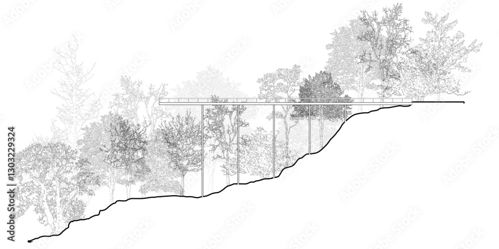 Architectural Drawings, Minimal style cad tree line drawing, Side view, set of section wetland forest outline for landscape design drawing. Vector illustration in seperate element