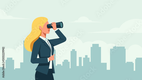 Businesswoman Utilizing Binoculars to Seek New Job Opportunities and Career Advancements in Employment Search