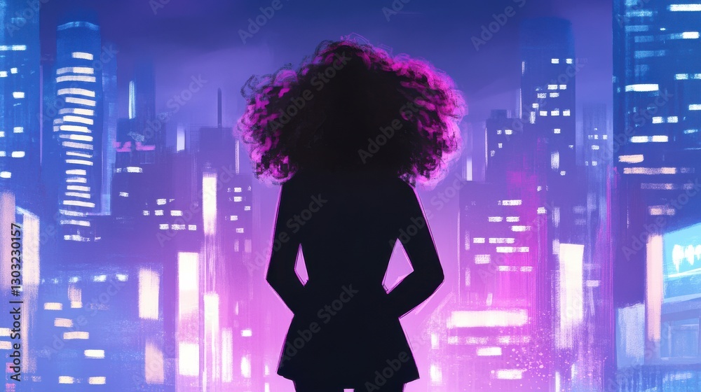 Silhouette of Woman with Curly Hair in a Vibrant Cityscape at Night Silhouette of Woman with Curly Hair in a Vibrant Cityscape at Night