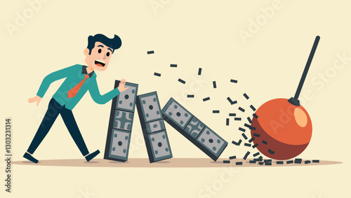 Falling Dominoes and Wrecking Ball Symbolizing Business Failure, Crisis, Risk and Instability