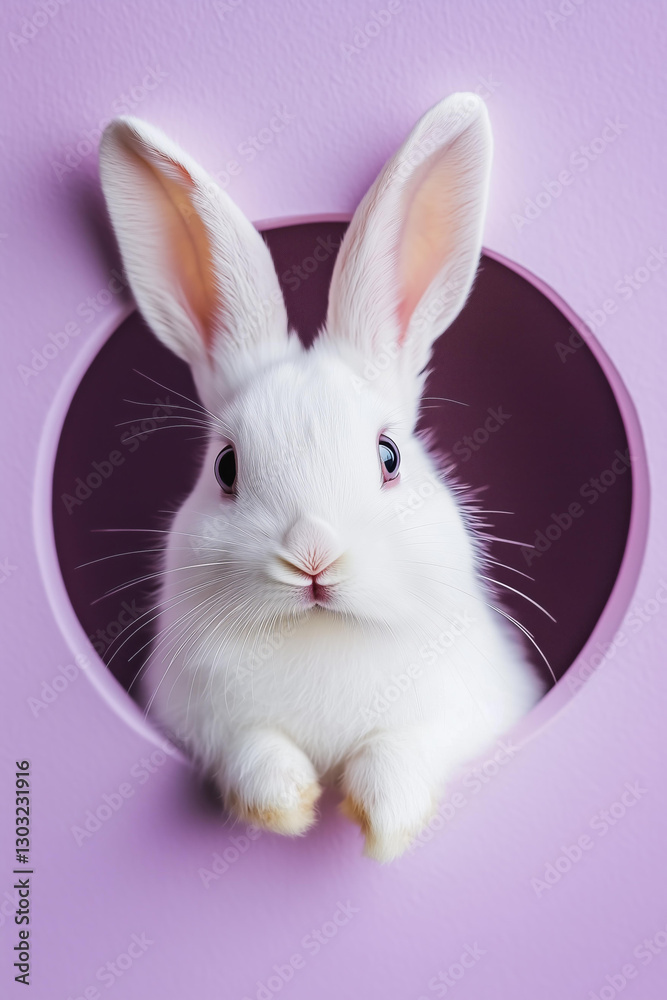 Fototapeta premium This adorable close-up photograph captures a fluffy white rabbit playfully peeking through a circular cutout in a lavender background. 