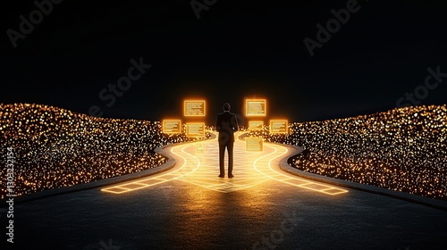 Decision-making frameworks for better leadership outcomes illustrated as a business leader standing at a decision crossroad, analyzing different strategic paths with digital data overlays.