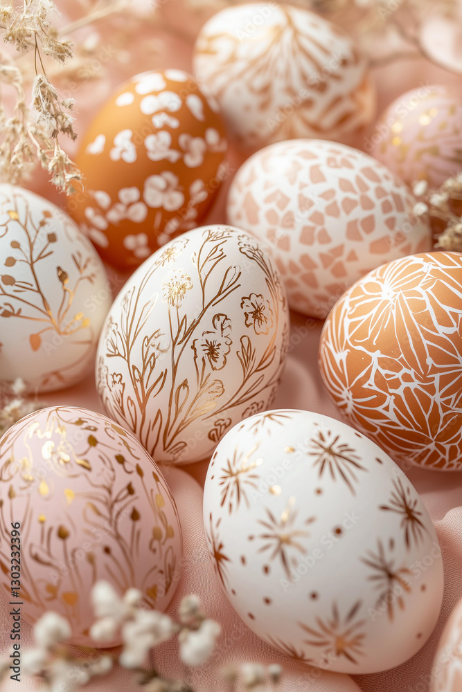 This captivating close-up photograph showcases a collection of exquisitely decorated Easter eggs, adorned with intricate white botanical illustrations. Set against a warm peach-toned background This captivating close-up photograph showcases a collection of exquisitely decorated Easter eggs, adorned with intricate white botanical illustrations. Set against a warm peach-toned background