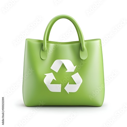 Vibrant Green Eco Friendly Reusable Shopping Bag with Recycling Symbol in Minimalist 3D Design