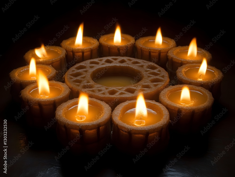 Circular arrangement of lit candles on dark surface