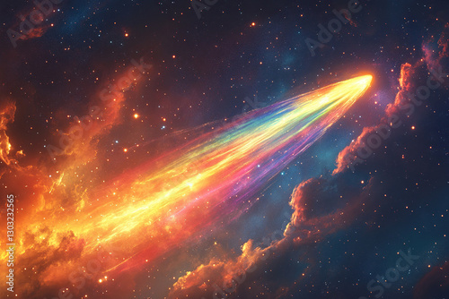 A bright flying object in the form of a comet or meteor in space. Generated by artificial intelligence