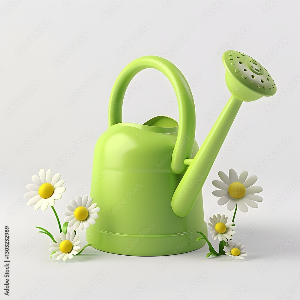 Obraz premium Vibrant Green Watering Can Irrigating Blooming Flowers on White Background