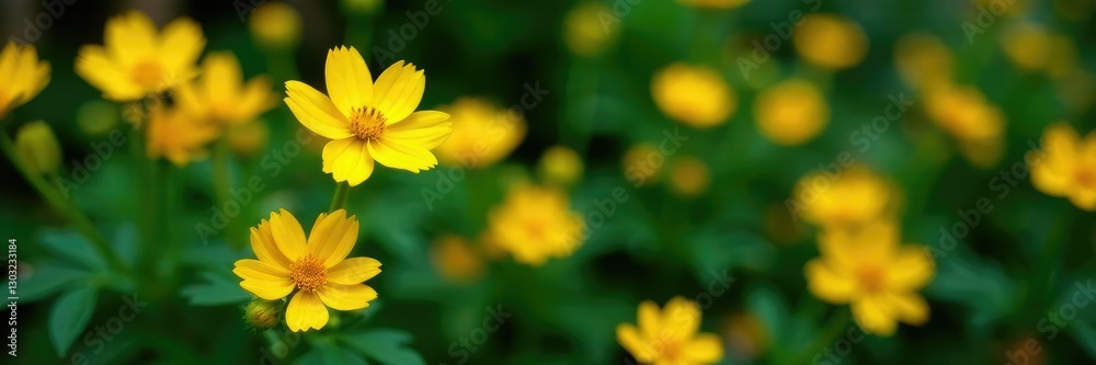 Obraz premium Bright yellow blooms against dark green foliage, yellow, garden