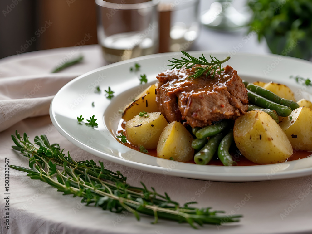A close-up shot of stewed meat with green beans and potatoes on a white plate, garnished with fresh herbs. The dish is placed on a simple white tablecloth, with no distractions, highlighting the dish' A close-up shot of stewed meat with green beans and potatoes on a white plate, garnished with fresh herbs. The dish is placed on a simple white tablecloth, with no distractions, highlighting the dish'