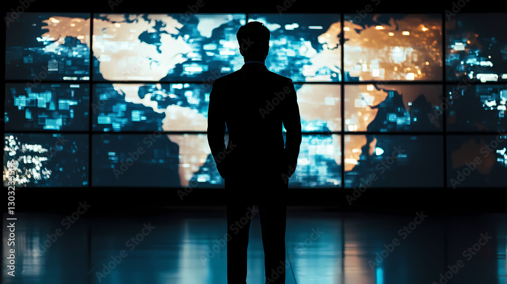 Fototapeta premium Strategic Insight: Silhouette of a person, against a large screen displaying world maps, symbolizing leadership and global strategy. 