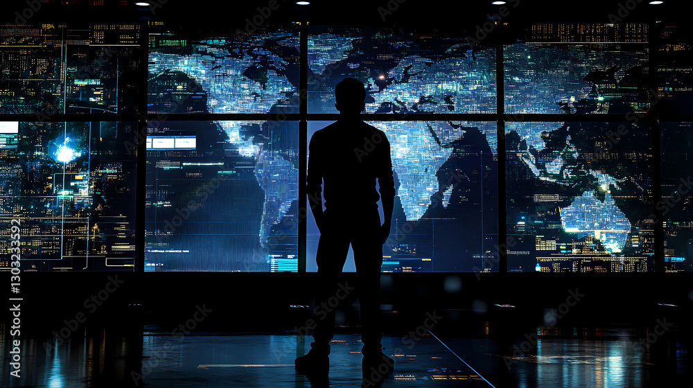 Fototapeta premium Guardian of Global Networks: A silhouette of an individual, bathed in an atmosphere of technological prowess and global connectivity.