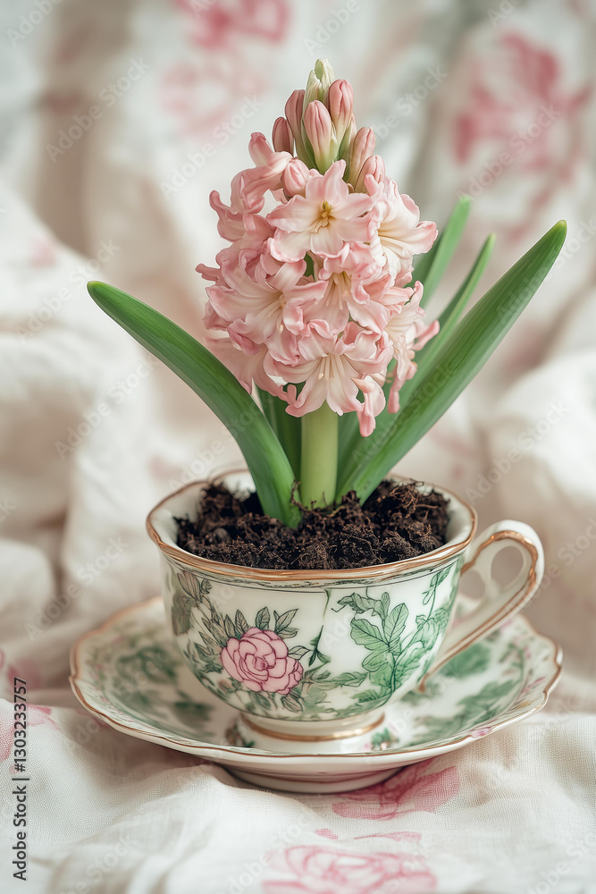 This charming close-up photograph captures a delicate pink hyacinth in full bloom, elegantly planted in a vintage floral-patterned teacup. This charming close-up photograph captures a delicate pink hyacinth in full bloom, elegantly planted in a vintage floral-patterned teacup.