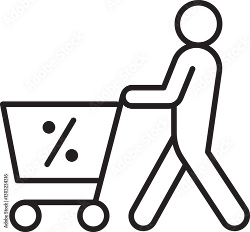 Shopping cart with a person pushing it line icon